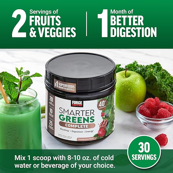 Force Factor Smarter Greens Superfoods Powder to Support Digestion, Gut Health, Bloating, Greens Powder with Probiotics, Prebiotics, Digestive Enzymes, & Adaptogens, Pomegranate Berry, 60 Servings