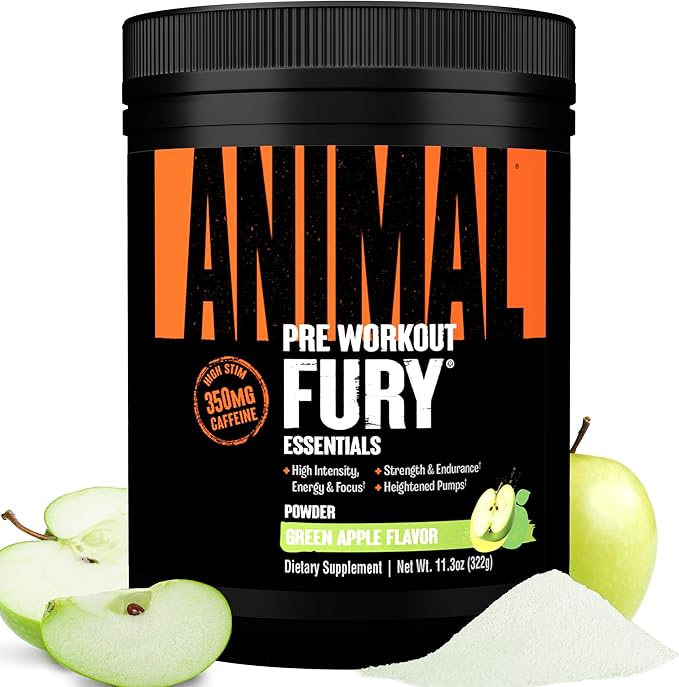 Animal Fury Pre Workout Powder - Energy and Focus Supplement with 5g BCAA, 350mg Caffeine Nitric Oxide Booster with Beta-Alanine, Preworkout for Men and Women, Green Apple Flavor, 20 Servings