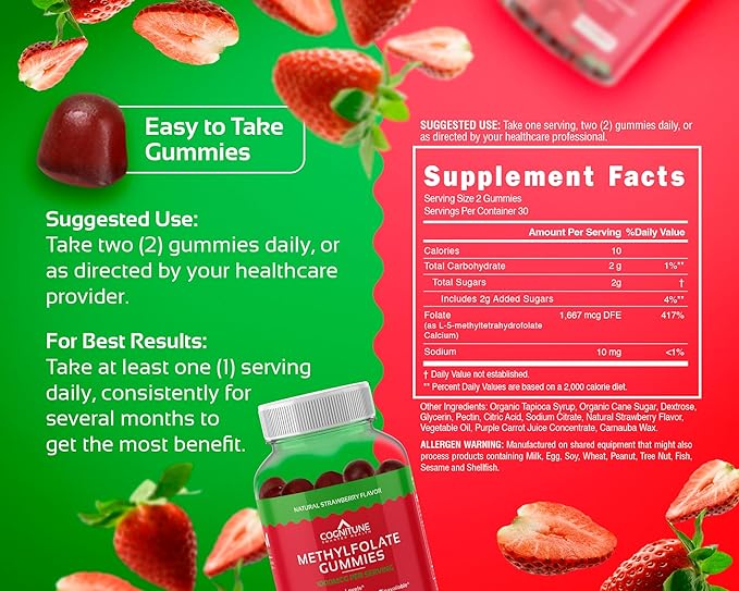 CogniTune Methylfolate Gummies - Easy to Take High Potency L-Methylfolate, Folate Supplement for Brain, Heart Health & Immunity, Delicious Strawberry Flavor, Non-GMO, Vegan, Gluten-Free
