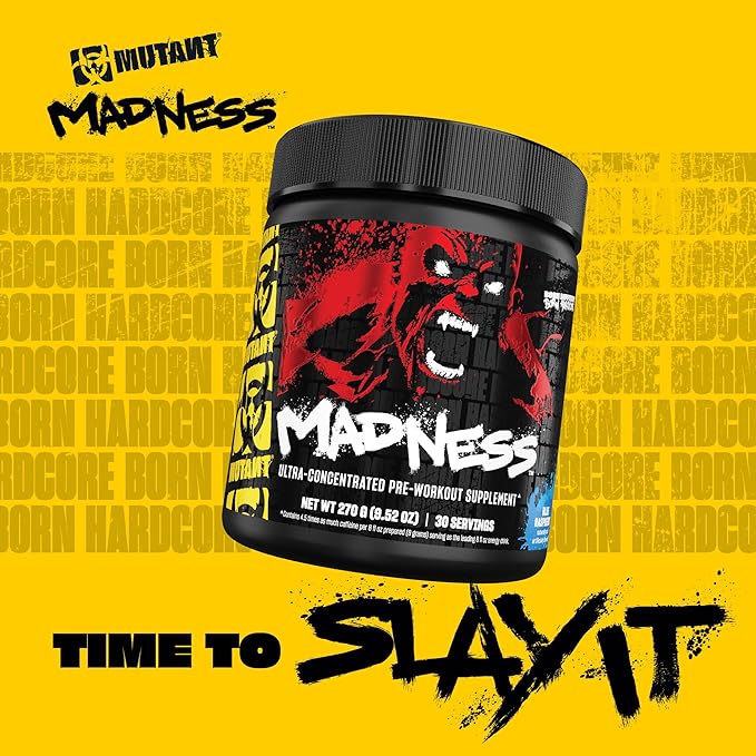 Mutant Madness | Pre Workout Powder Supplement Performance and Pump Blend Includes L-Citrulline, Beta-Alanine, Taurine, L-Tyrosine | 30 Serving | Blue Raspberry