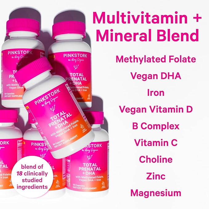 Pink Stork Total Prenatal Vitamins with DHA, Folate, Iron, Choline, and Vitamin B12 - Prenatals for Women to Support Fetal Development, Pregnancy Must Haves - 60 Capsules, 1 Month Supply