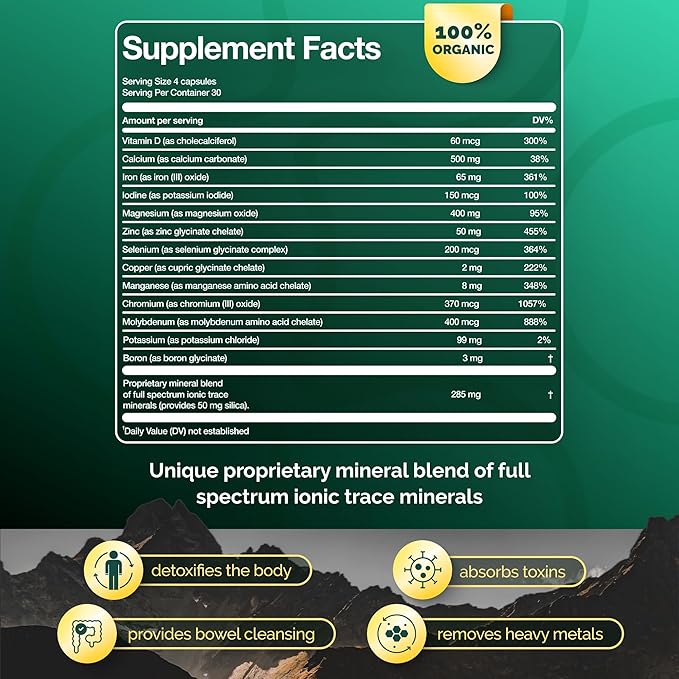 Premium Blend of 52 Trace Minerals Complex with Essential Minerals in Chelated Form – All Natural and 100% Organic - 120 Capsules - Full Spectrum Ionic Mineral Blend - Safe for Women and Men