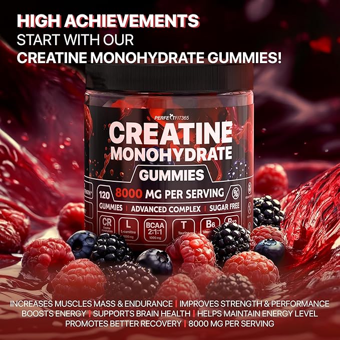 Creatine Monohydrate Gummies Complex 8000mg, Chewable Creatine for Women and Men with L-Carnitine, Taurine, Creatine Monohydrate Chewable, Muscle Strength, Raspberry and Blackberry Taste, 120pcs