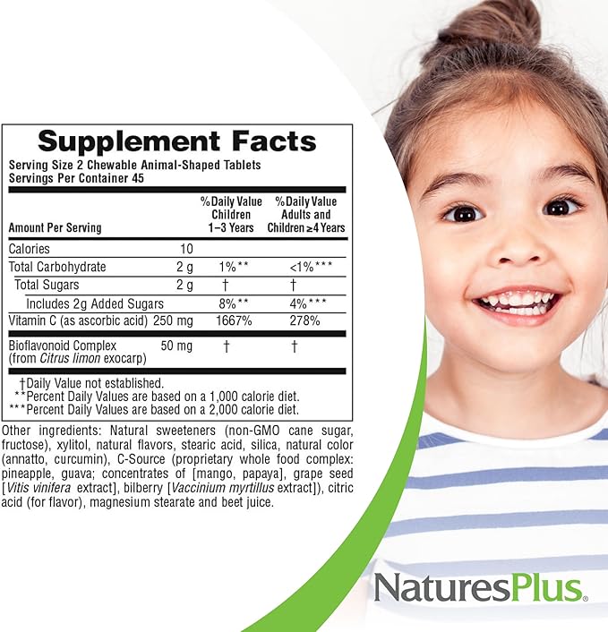Natures Plus Animal Parade Vitamin C Children's Chewable - Natural Orange Juice Flavor - 90 Animal-Shaped Tablets - Vegan, Vegetarian, Gluten Free - 45 Servings