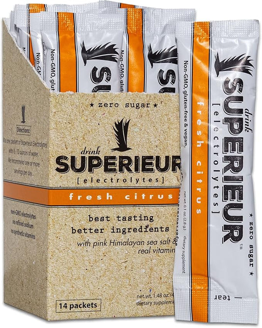 Superieur Electrolyte Powder Packets - Vegan Electrolyte Hydration Powder w/Sea Minerals - Keto Friendly, Non-GMO, Zero Sugar Electrolyte Supplement - Healthy Sports Drink - Citrus (14 Packets)