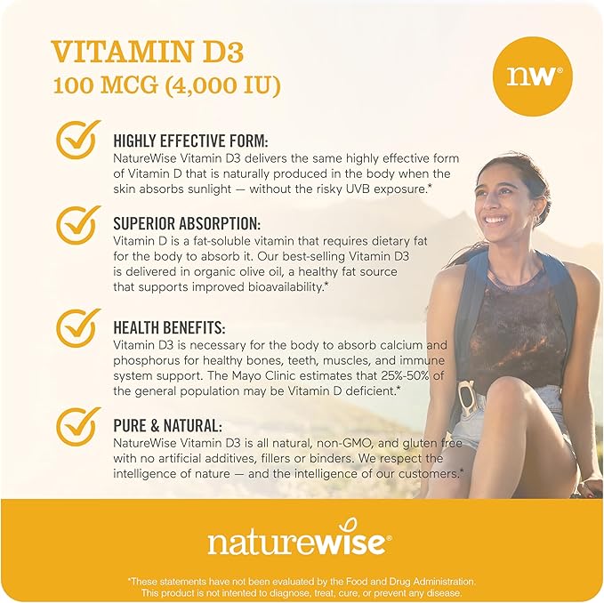 NatureWise Vitamin D3 4000iu (50 mcg) 200-Day Supply for Immune Support, Healthy Muscle Function, and Bone Health - Non-GMO, Gluten Free in Organic Extra Virgin Olive Oil, (Mini Softgel), 200 Count
