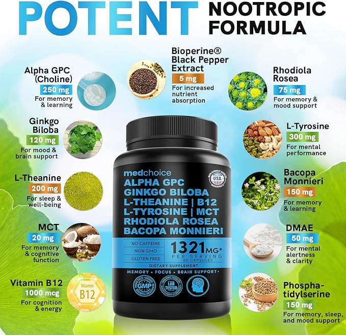 11-in-1 Nootropic Brain Supplements: Memory & Focus Supplement with Ginkgo Biloba, L Theanine, Bioperine, & Alpha GPC Choline - 1321mg, 60ct - Stimulant Free, Vegan - Focus Brain Support (3 pack)
