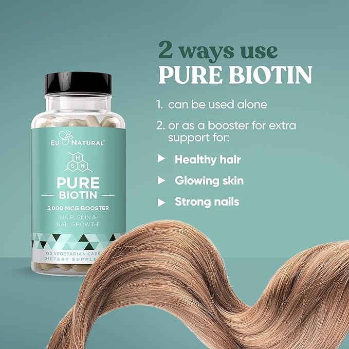 Biotin 5000 mcg Hair Skin Nails Supplement – High-Potency Hair Growth Vitamins for Women & Men – Provide Powerful Support for Healthy Hair, Stronger Nails and Glowing Skin – 120 Vegan Soft Capsules