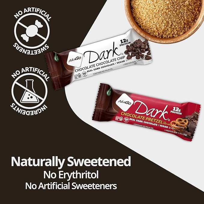 NuGo Dark Chocolate Pretzel and Sea Salt, 12g Protein Bar, Vegan, Gluten Free, Non-GMO, Kosher Pareve, 24 Count