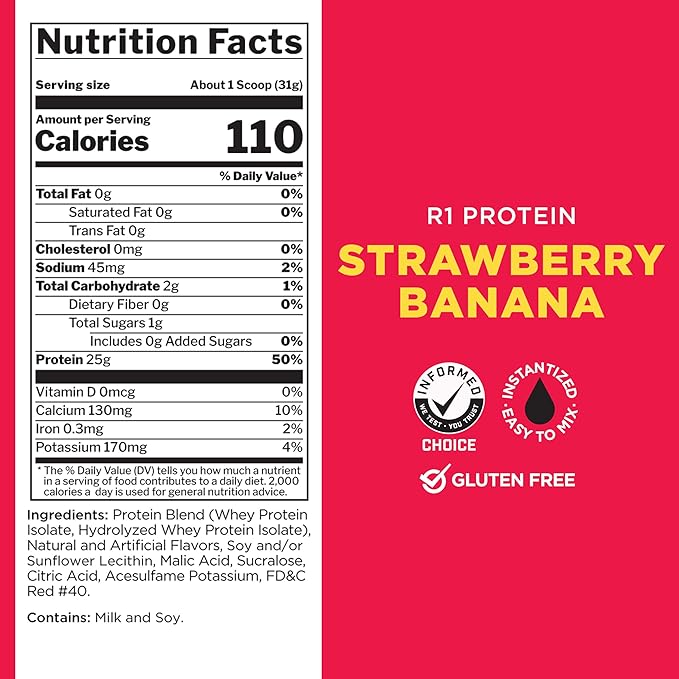 Rule One Proteins R1 Protein - 25g Fast-Acting, Super-Pure 100% Isolate and Hydrolysate Protein Powder with 6g BCAAs (5 Pounds*, Strawberry Banana)
