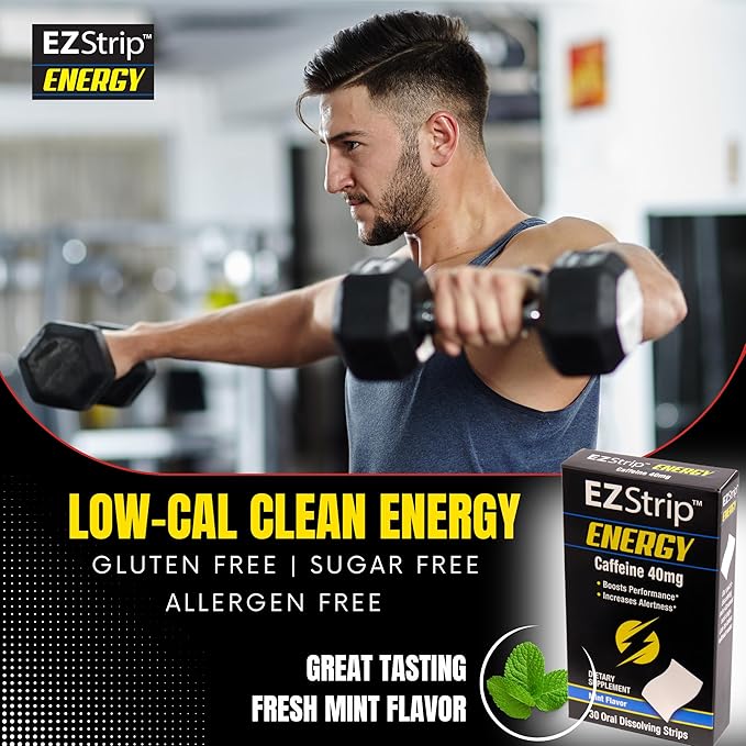 Energy - Energize your Day with 40 mg Caffeine Strips - Energy Supplement for Adults. Mint Flavor. Sugar Free, Gluten Free, Performance Boost. Made in USA in an FDA-Registered Facility - 30 Pk