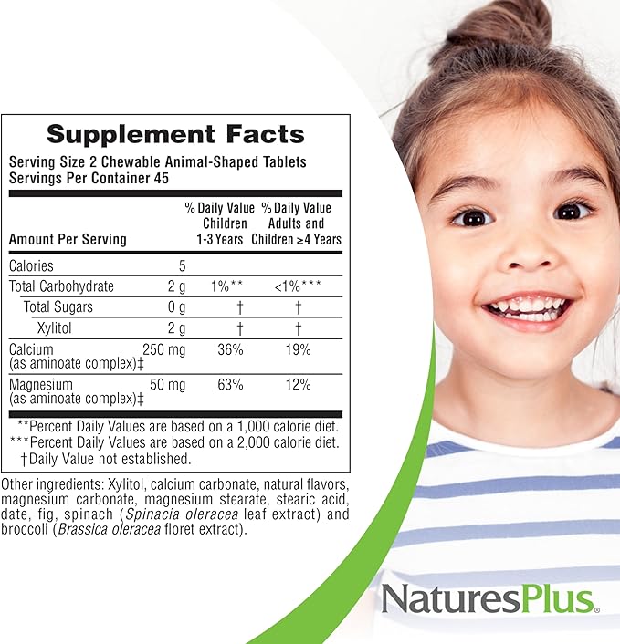 NaturesPlus Animal Parade Sugar-Free Children's Calcium, Vanilla Sundae Flavor - 90 Chewable Animal Shaped Tablets - Magnesium for Bone Health - Gluten Free - 45 Servings
