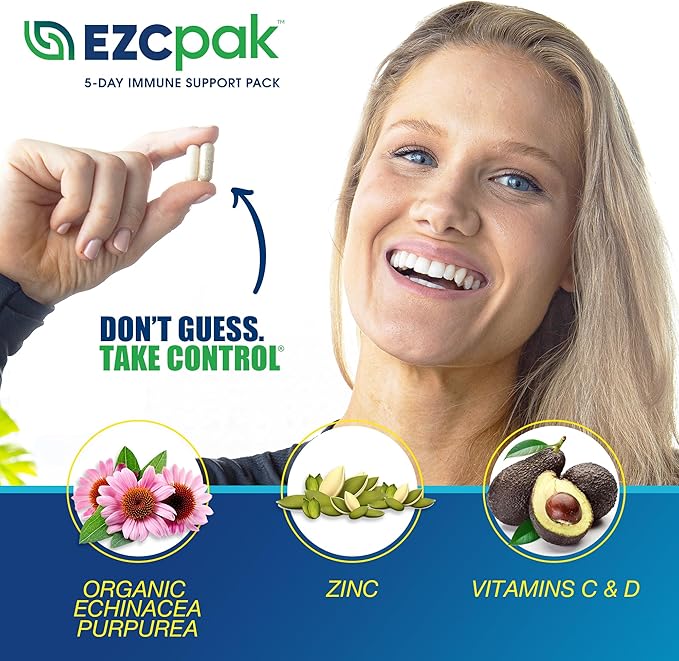EZC Pak 5-Day Immune System Booster with Echinacea, Vitamin C, Zinc & Vitamin D - Tapered Immune Support Supplement for Adults - Supports Immunity, Easy Travel-Size Supplement Pack - (Pack of 2)