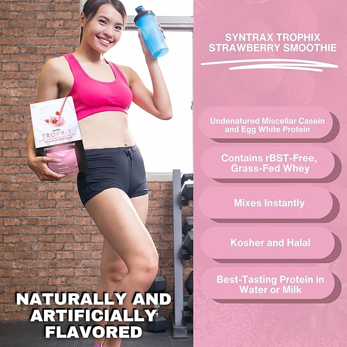 Syntrax Bundle: Trophix Undenatured Casein Protein Strawberry Smoothie - Instant Mix Whey Protein & Egg White Protein Powder - 2 Pounds High Protein Powder and Worldwide Nutrition Keychain