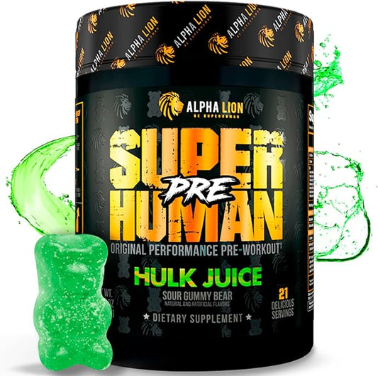 Alpha Lion Superhuman Pre Workout Powder, Beta Alanine, L-Taurine & Tri-Source Caffeine for Sustained Energy & Focus, Nitric Oxide & Citrulline for Pump (21 Servings, Green Gummy Bear Flavor)