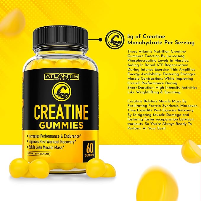 Creatine Monohydrate Gummies for Strength & Athletic Performance - 5g Creatine Per Serving - Creatine Chews to Build Muscle, for Performance & Post Workout Recovery - 60 Creatine Gummies for Women/Men