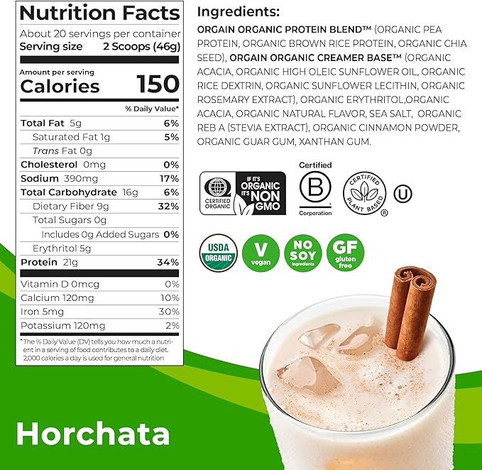 Orgain Organic Vegan Protein Powder, Horchata - 21g Plant Based Protein, 9g Prebiotic Fiber, Low Net Carb, No Lactose Ingredients, No Added Sugar, Non-GMO, For Shakes & Smoothies, 2.03 lb