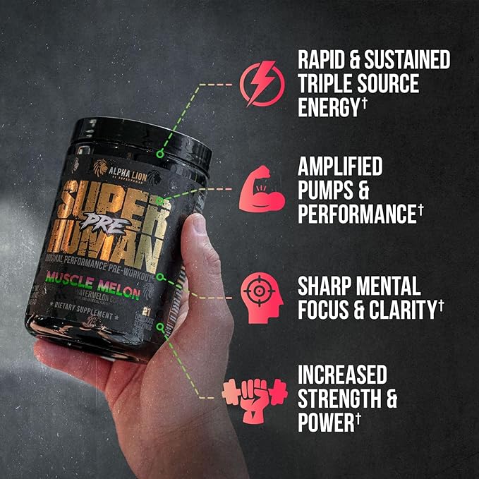 ALPHA LION Superhuman Pre Workout Powder, Beta Alanine, L-Taurine & Tri-Source Caffeine for Sustained Energy & Focus, Nitric Oxide & Citrulline for Pump (21 Servings, Muscle Melon)