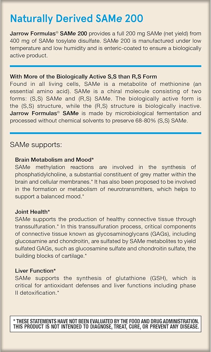 Jarrow Formulas SAMe 200 mg, Supports Joint Health, Liver Function, Brain Metabolism, 20 Tablets, Up To A 20 Day Supply