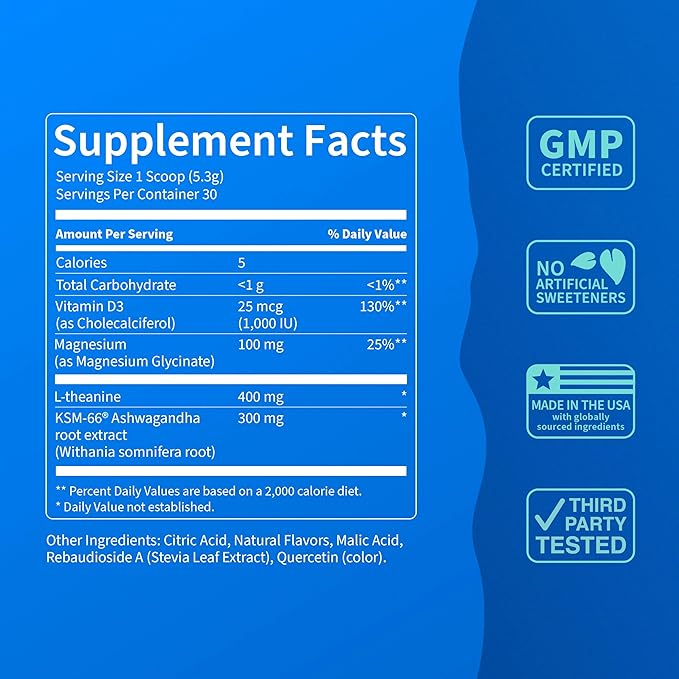 Nello Supercalm Powdered Drink Mix, Lemon Lime, L Theanine, Ksm-66 Ashwagandha, Magnesium Glycinate, Vitamin D 3, Supplements for Relaxation & Focus, Natural, No Sugar, Non GMO, Vegan, 30 Srvgs
