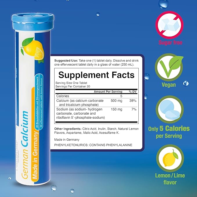 German Calcium 500 mg - 40 Vegan Drink Effervescent Tablets - Lemon Lime Flavor - Made in Germany