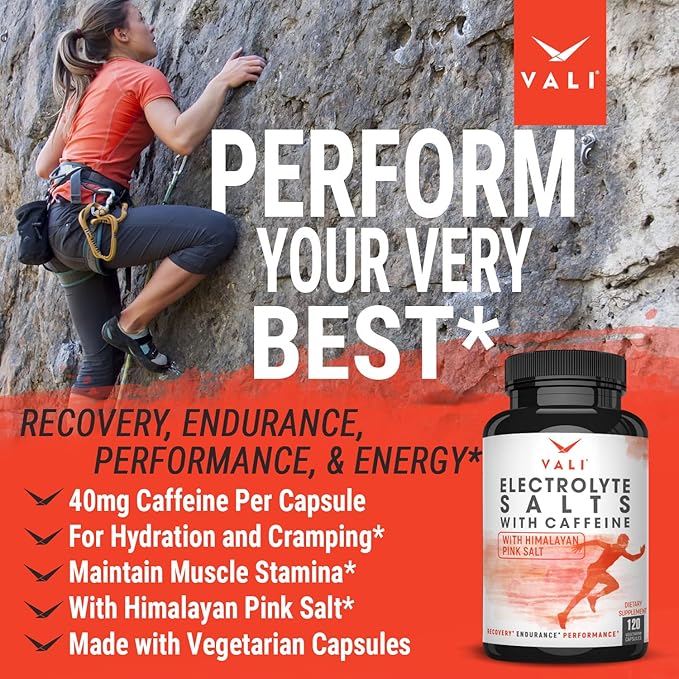 VALI Electrolyte Salts Plus 40mg Caffeine. Rapid Oral Rehydration Replacement Pills. Hydration Nutrition Powder Supplement, Energy, Recovery & Relief Fast. Fluid Health Essentials. 120 Veggie Capsules