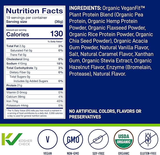 LeanFit Organic Plant-Based Protein Powder, Natural Vanilla Flavor - Vegan, USDA Organic Certified, Soy-Free, Gluten-Free, Dairy-Free, Sugar-Free, Non-GMO - 21g Protein, 19 Servings, 1.58 Pound Tub