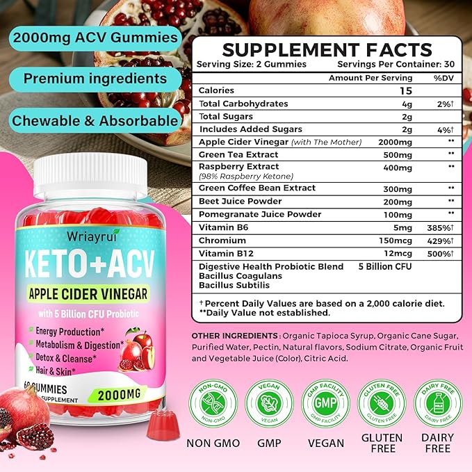 Apple Cider Vinegar Gummies, Fast Ripped Keto ACV Gummies, Max Strength 2000mg, Formulated with Green Tea, Probiotics, B6 & B12, ACV Gummies for Metabolism, Digestion, Detox & Cleanse, 180 Gummies