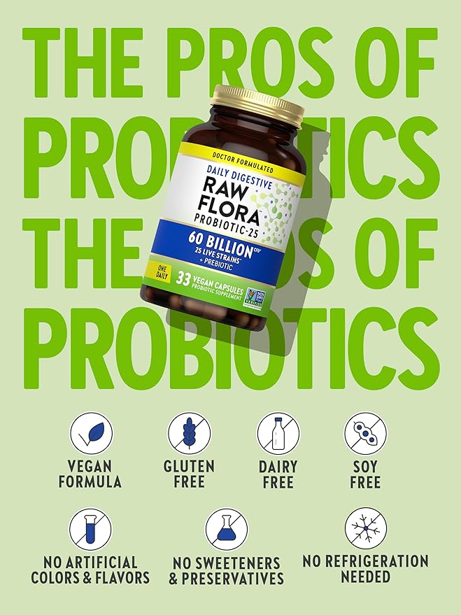Raw Flora Probiotic with Prebiotics | 60 Billion CFU | Daily Digestive Vegan Capsules | Gluten Free Supplement for Men and Women | by Nature's Truth