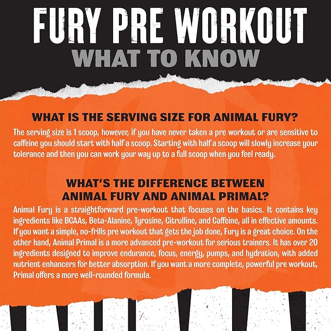 Animal Fury Pre Workout Powder - Energy and Focus Supplement with 5g BCAA, 350mg Caffeine Nitric Oxide Booster with Beta-Alanine, Preworkout for Men and Women, Watermelon Flavor, 30 Servings