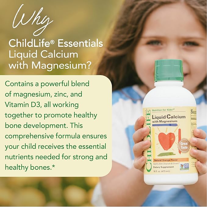 CHILDLIFE ESSENTIALS Liquid Calcium Supplement for Kids - Baby Calcium with Magnesium, Zinc, and Vitamin D3 - Orange Flavor, 16 fl oz (4 Pack)