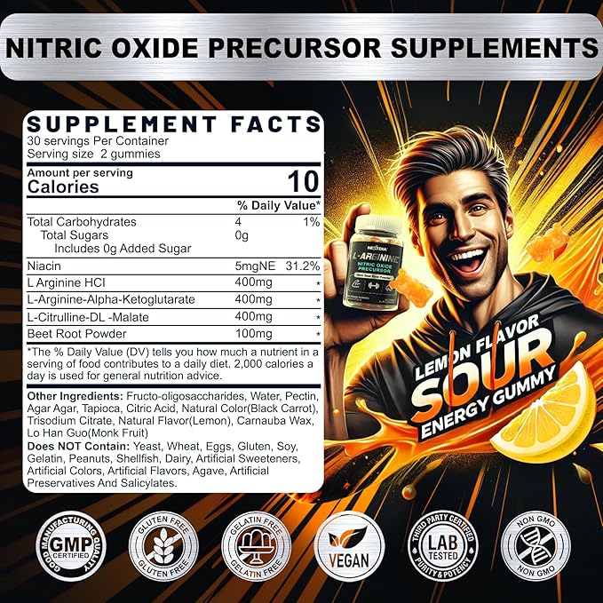 Sugar Free L Arginine Nitric Oxide Gummies 1300mg for Men & Women with L Citrulline, Beet Root, B3 | L Arginine L Citrulline Supplements for Performance, Muscle Growth & Recovery | Vegan, 120 Counts