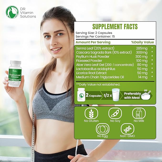 15 Day Cleanse Gut Support, Detox for Men & Women, All Natural Colon Cleanser for Bloating and Constipation Relief, Extra Calorie Loss with Healthy Probiotics - 30 Capsules