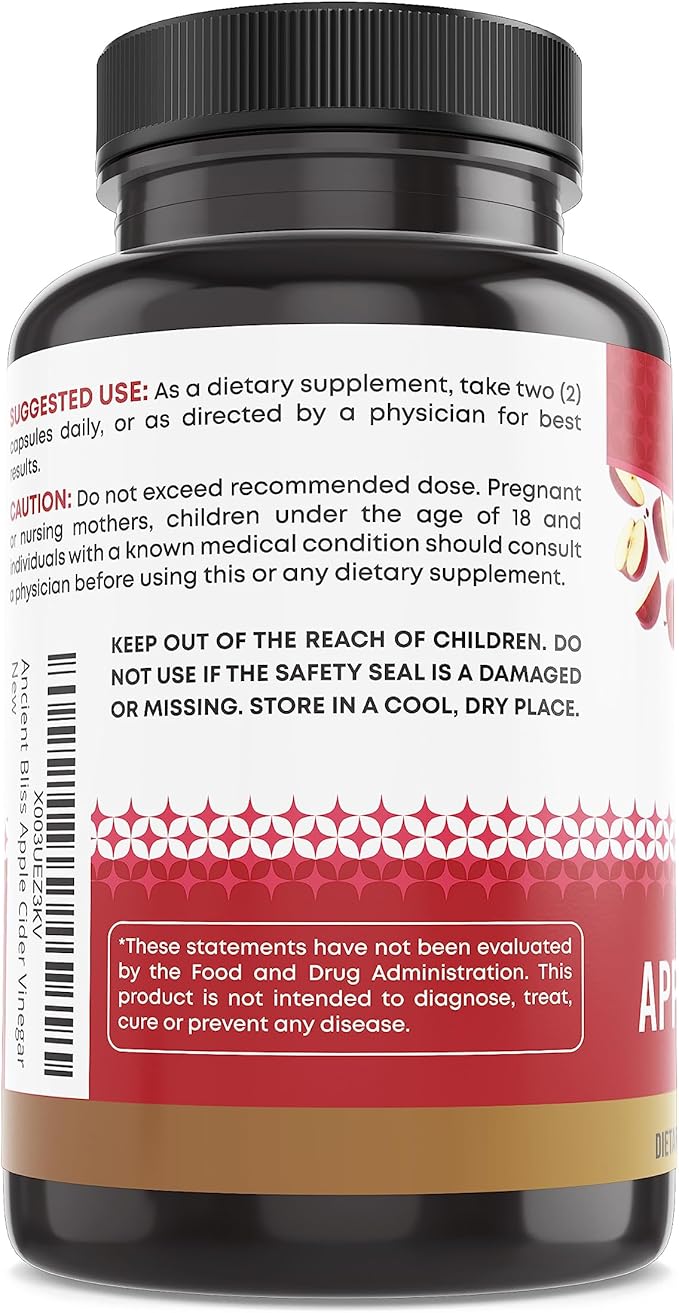 Ancient Bliss Apple Cider Vinegar Organic Capsules with The Mother, Helps Improve Digestion, Unfiltered Vinegar Capsules, 1600MG (120 Capsules)