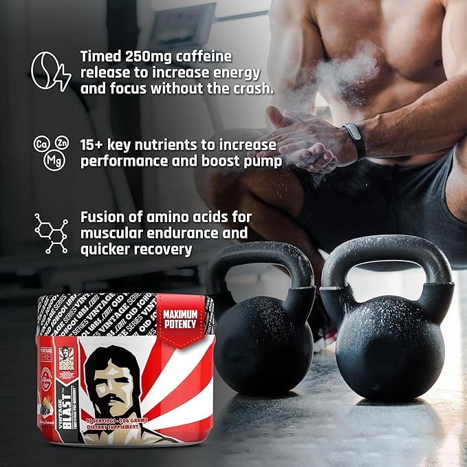 Vintage Blast - The Ultimate Two-Stage Pre Workout Supplement for Explosive Energy, Endurance, & Focus - Boost Workouts with Natural Ingredients: L-Citrulline Malate, Beta-Alanine, & Caffeine - 306g