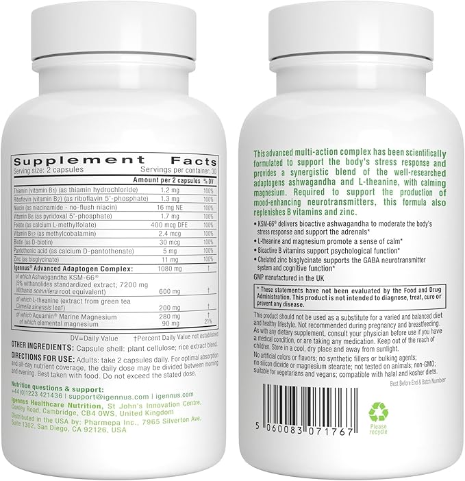Advanced Ashwagandha KSM-66, L-Theanine & Magnesium, Clean Label, Multi Action Adaptogen Complex for Stress Support with Zinc & B Vitamins, 360 Vegan Capsules, by Igennus