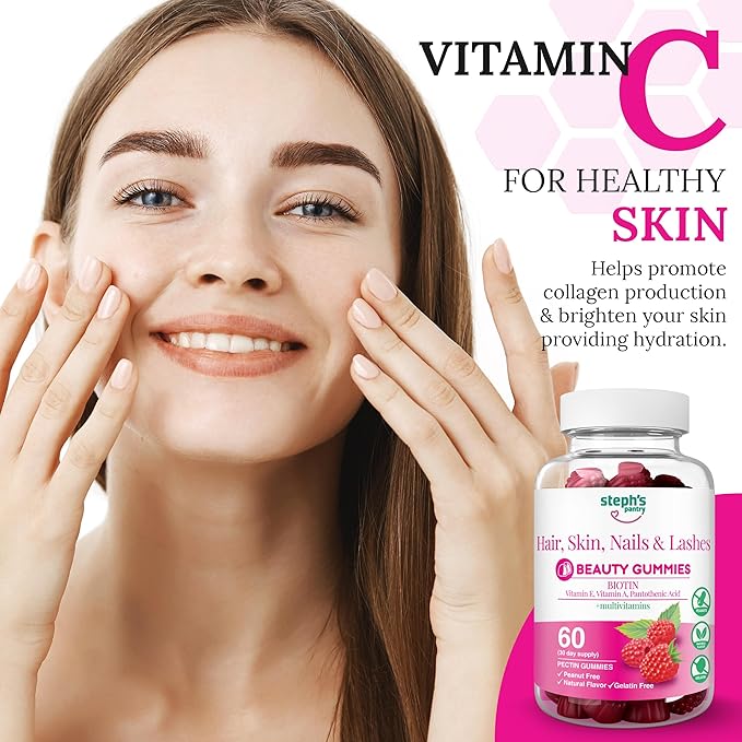 Steph's Pantry Biotin Gummies for Hair, Skin, Nails, & Lashes High Strength Gummies | Daily Multivitamins | Gluten-Free, Nut-Free, Non-GMO, Plant-Based, Vegan, Kosher | (60 Gummies)