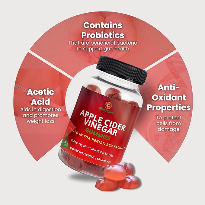 Apple Cider Vinegar Gummies with Vitamin B12 – Vegan, Gluten-Free, Non-GMO – Apple & Purple Carrot Flavored – 1000mg ACV – 60 Gummies, 30-Day Supply