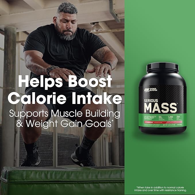 Optimum Nutrition Serious Mass, Weight Gainer Protein Powder, Mass Gainer, Vitamin C and Zinc for Immune Support, Creatine, Strawberry, 6 Pound (Packaging May Vary)