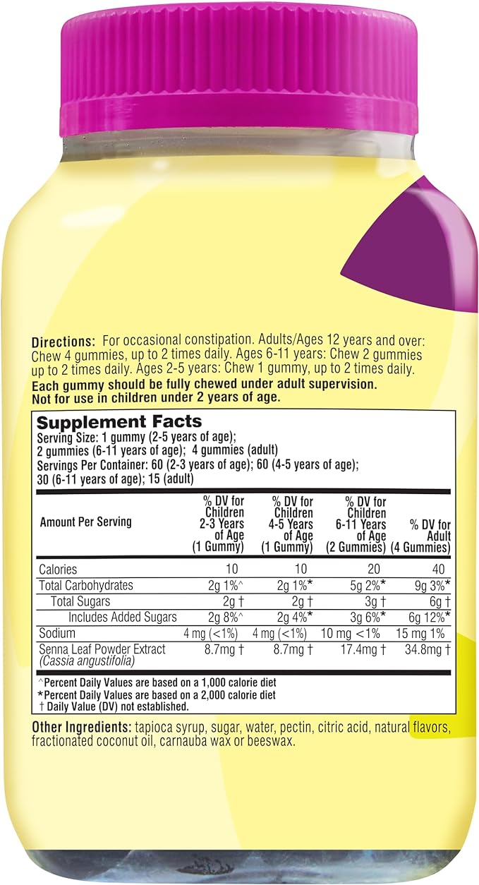 Senokot Dietary Supplement Laxative Gummies, Natural Senna Extract, Gentle, Overnight Relief from Occasional Constipation, Mixed Berry Flavor, 60 Count.