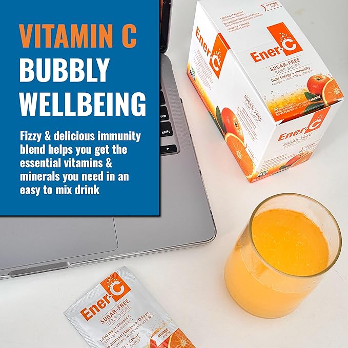 Ener-C Sugar Free Energy Orange Multivitamin Drink Mix Vitamin C 1000mg & Electrolytes - Natural Immunity Support with Real Fruit Juice Powders Non-GMO Vegan & Gluten Free - 30 Count