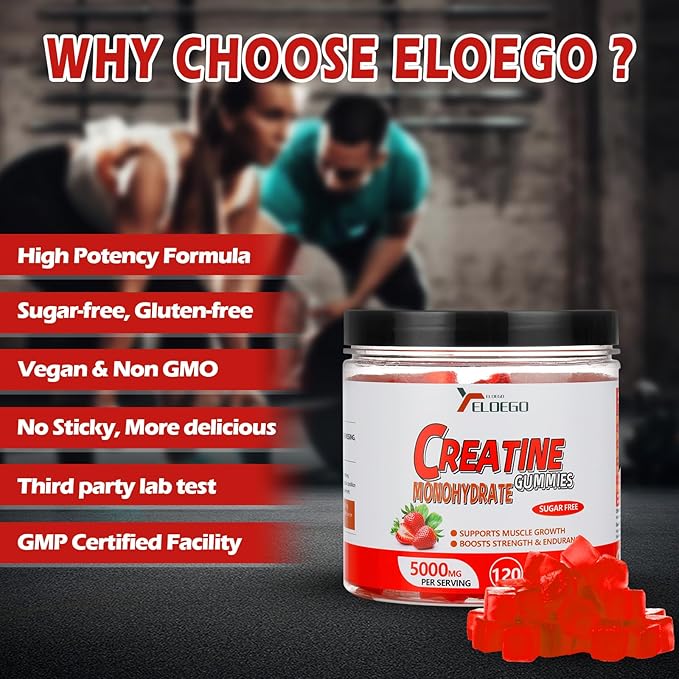 Creatine Monohydrate Gummies 5000mg Sugar Free for Men & Women, with L-Taurine + Vitamin B12 for Muscle Strength, Muscle Builder, Energy Boost, Pre-Workout Supplement, Strawberry, 120 Count