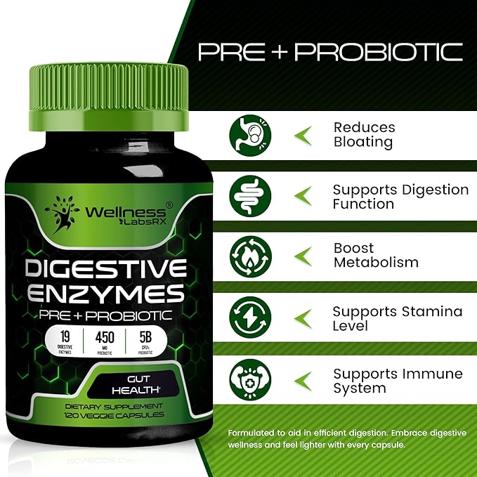 Digestive Enzymes with Probiotics and Prebiotics - 450mg - 5 Billion CFUs - Pure Super Enzymes for Digestion Capsules - Digestive Enzymes for Women & Men Support Digestive & Gut Health - 120 Count