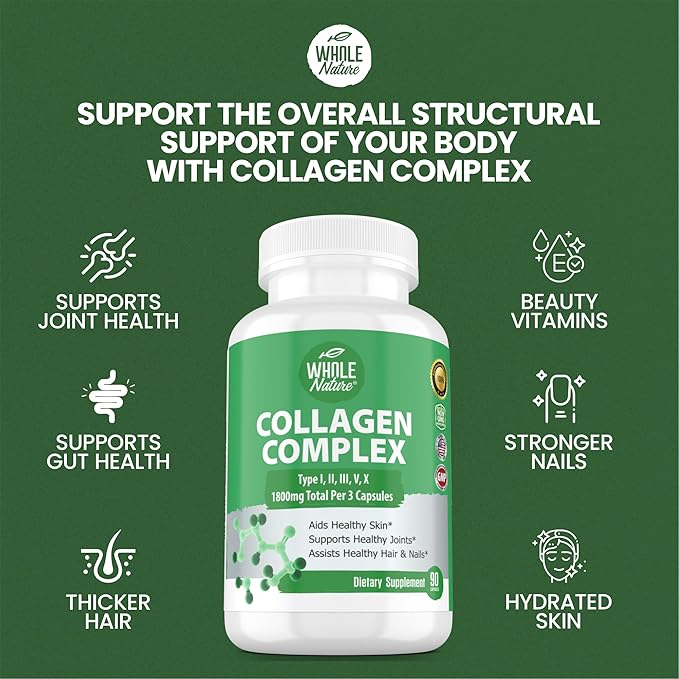 Multi Collagen Protein Peptides Supplement Capsules - 1800mg Collagen Complex Types I, II, III, V, X - Joint Support, Healthy Hair, Skin, Nails, Beauty Vitamins, 100% Natural, Non-GMO 270ct (3)