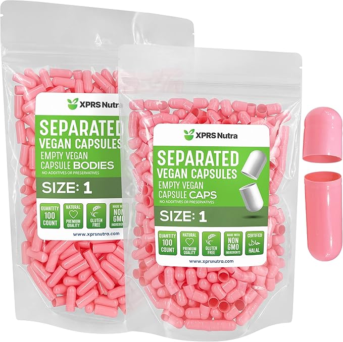 XPRS Nutra Vegan Size 1 Separated Capsules - 100 Count Premium Empty Capsules Separated in Bags - Empty Capsules - Separated Empty Capsules - Pill Capsules Empty for DIY Supplement Filling (Pink)