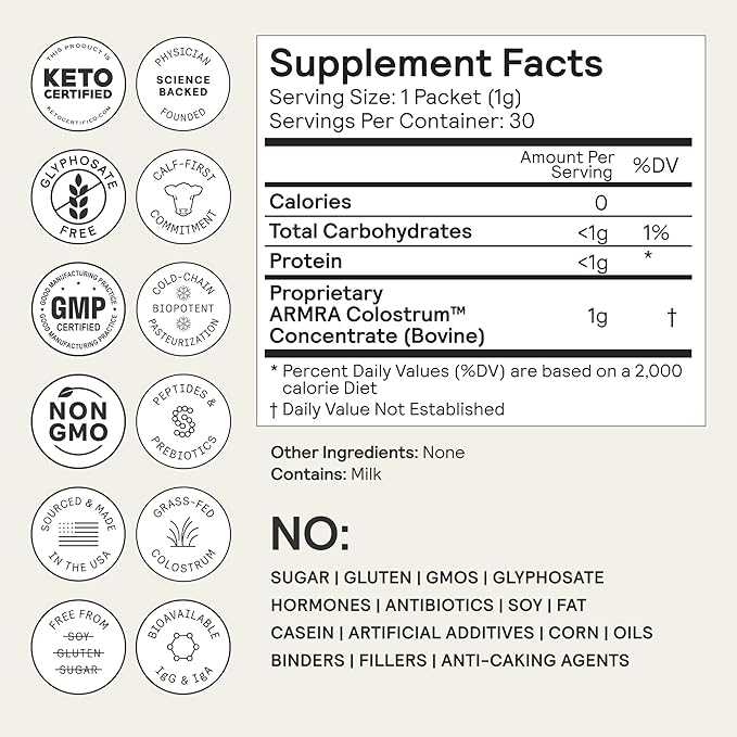 ARMRA Colostrum™ Premium Powder, Grass Fed, Gut Health Bloating Immunity Skin & Hair, Contains 400+ Bioactive Nutrients, Potent Bioavailable, Keto, Gluten & Fat Free (Unflavored | 60 Servings)