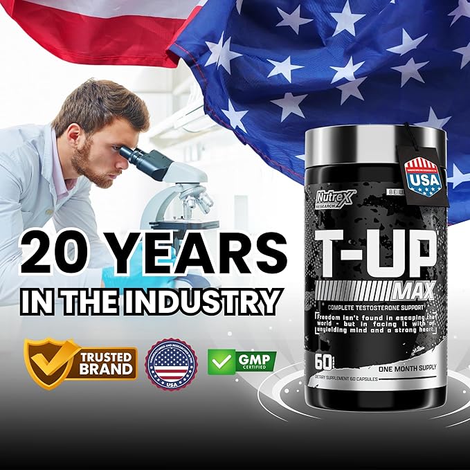 Nutrex Research T-UP Testosterone Booster Supplement for Men - Increase Levels, Boost Strength & Recovery - 60 Capsules