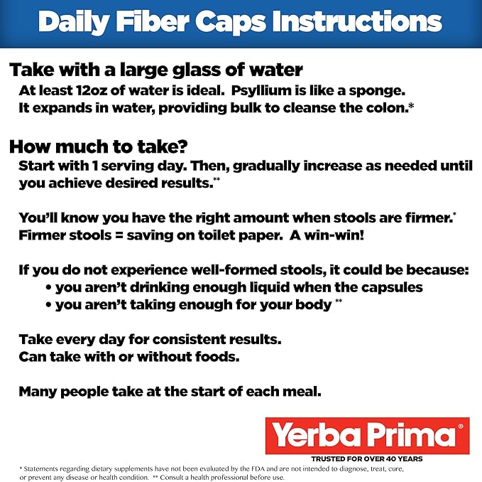 Yerba Prima Daily Fiber Capsules – 180 Caps (Pack of 3) - Soluble Dietary Fiber Supplement - Colon Cleanse - Gut Health - Constipation Relief – Vegan, Non-GMO, Gluten-Free