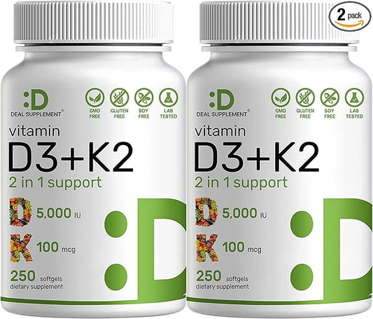 DEAL SUPPLEMENT 2 Pack Vitamin D3 K2 Softgel, 250 Count, 2-1 Complex, Vitamin D3 5000 IU & Vitamin K2 MK7, Promotes Heart, Bone & Teeth Health – Very Easy to Swallow