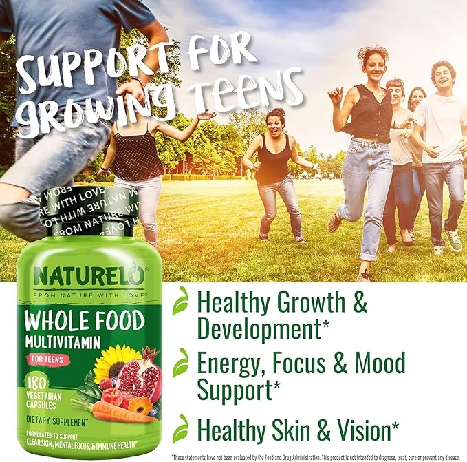 NATURELO Whole Food Multivitamin for Teens - Vitamins and Minerals for Teenage Boys and Girls - Supplement for Active Kids - with Organic Whole Foods - Non-GMO - Vegan & Vegetarian - 180 Capsules